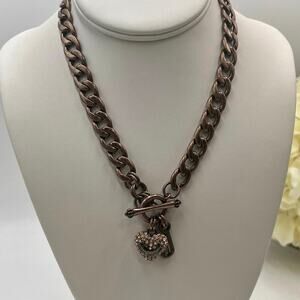 Juicy Couture Pave Rhinestone Puffy Heart Antiqued Copper Toggle Choker Necklace